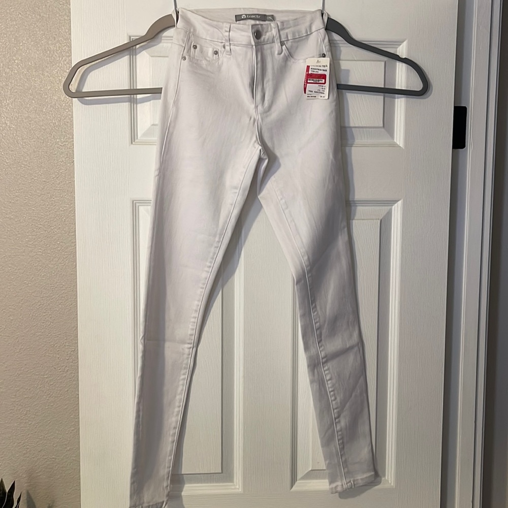 White, straight legged pants.